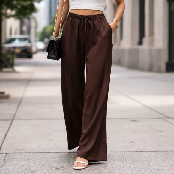 Wilfred Pants - Wilfred Aritzia Chocolate Brown Satin Wide Leg Pants Luxury Old Money M